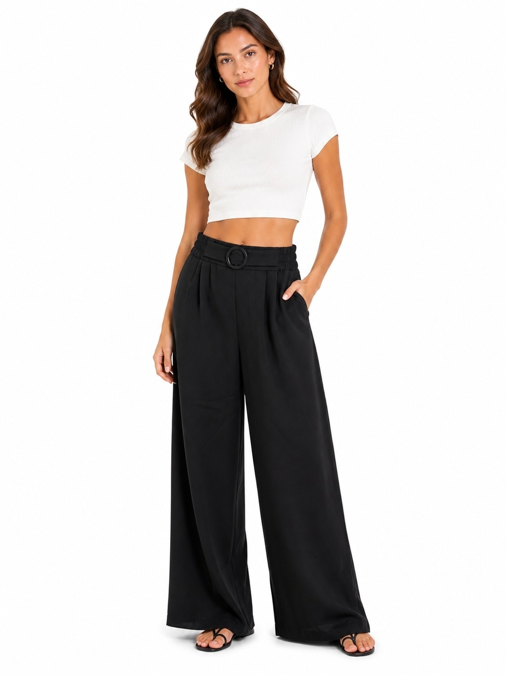 Harper Black High-Waist Wide-Leg Belted Pants